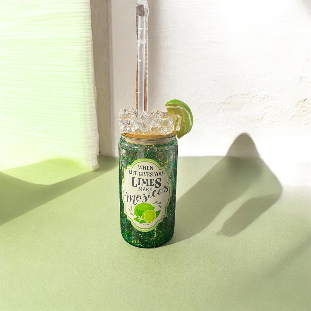 16oz Double-Wall Plastic Snow Globe Tumbler with Lid & Straw